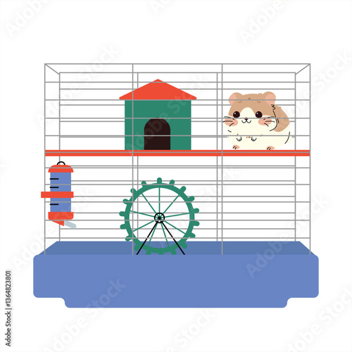 Illustration of a hamster in a cage with a water dispenser, exercise wheel, and small house. Concept for hamster care, small pet habitats, and rodent enrichment essentials. Vector illustration