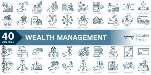 wealth management icon set, simple line element wealth management with editable stroke, wealth management simple icon, wealth strategy icon line style vector image