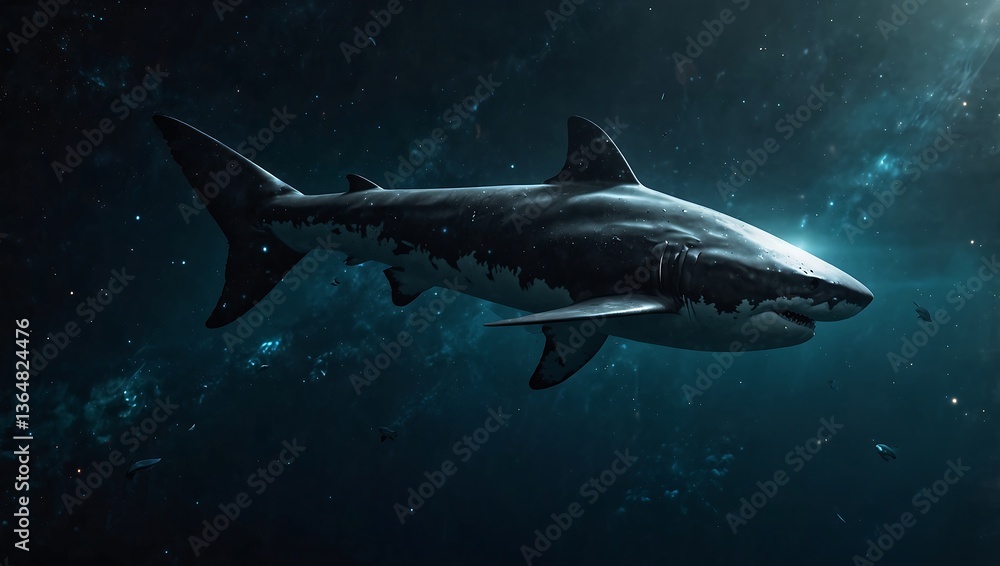 Fototapeta premium Shark Swimming in Deep Dark Water with Starry Sky Background