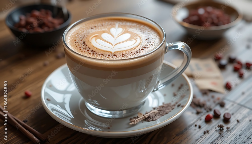 Serving Hot Latte with Artistic Foam Design on Wooden Table Serving Hot Latte with Artistic Foam Design on Wooden Table