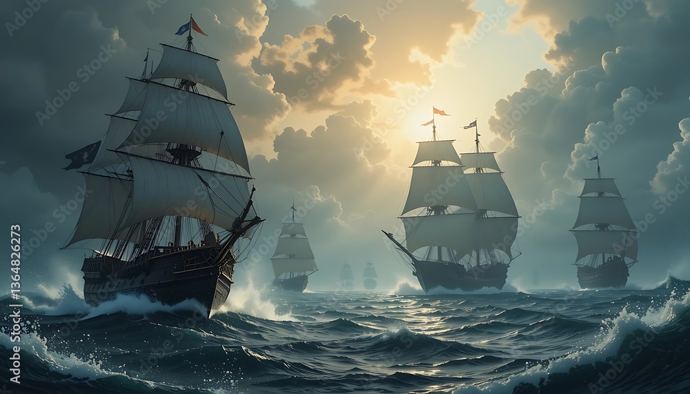 Fototapeta premium Sailing Ships Navigating Rough Seas Under Dramatic Cloudy Sky