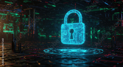 Futuristic glowing padlock represents digital security in a cyberpunk setting.