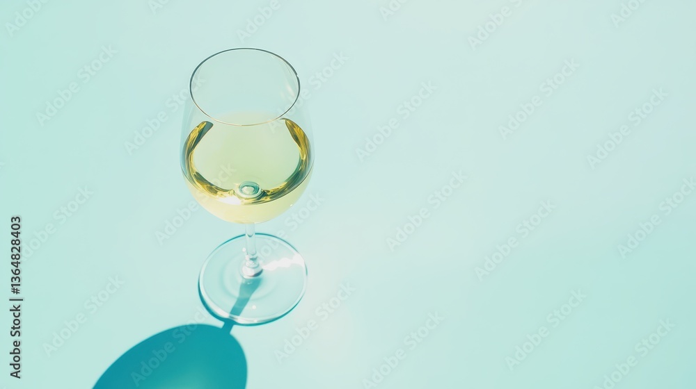 A crystal clear glass holds refreshing white wine, resting atop a serene light blue surface. The sunlight highlights the liquid's golden hue, creating a peaceful ambiance A crystal clear glass holds refreshing white wine, resting atop a serene light blue surface. The sunlight highlights the liquid's golden hue, creating a peaceful ambiance