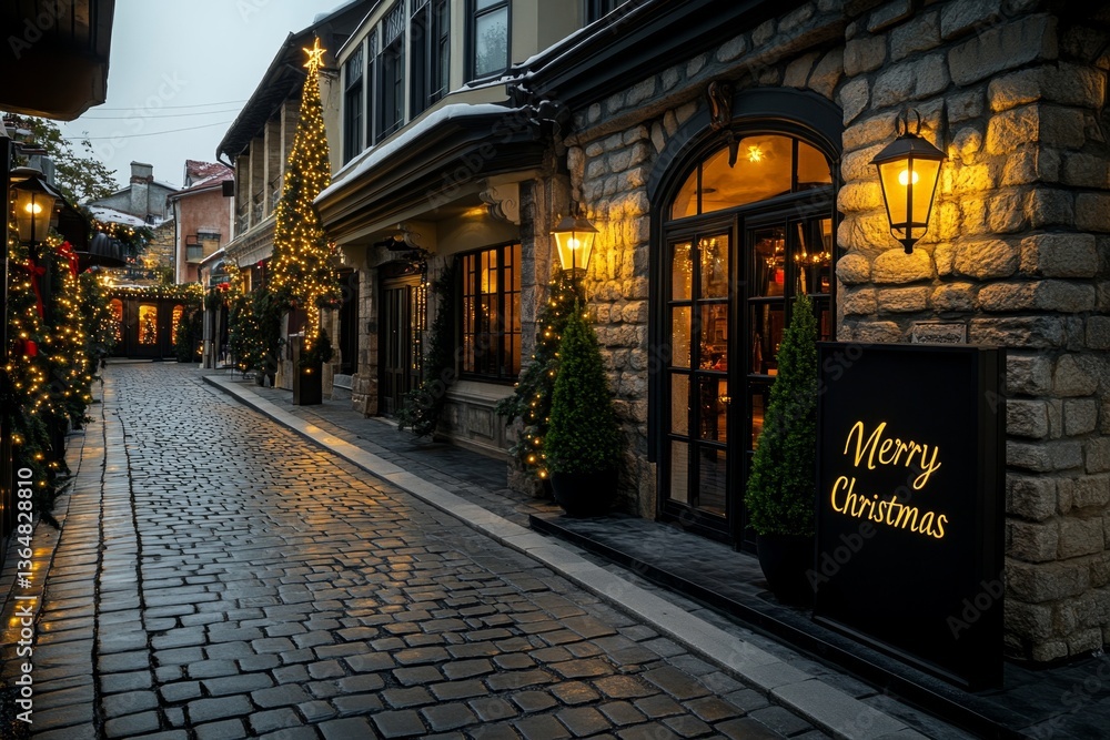 Obraz premium A stunning view of a snow-covered village with golden Christmas lights glowing from every house, 