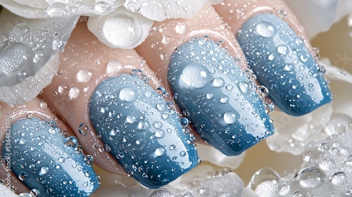 Elegant Blue Ombre Nails with Water Droplets on Floral Background