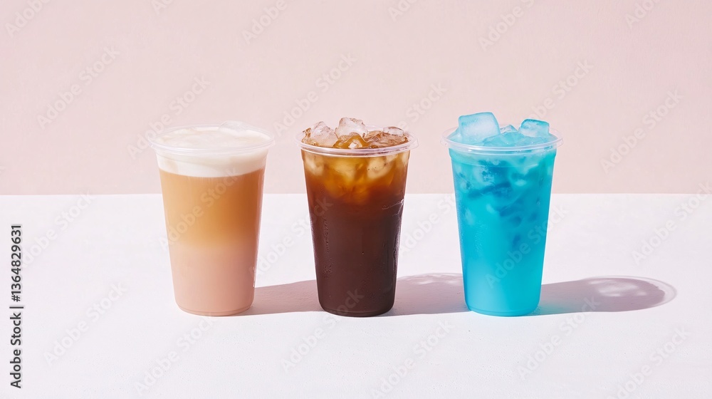 Refreshing Beverage Trio in Transparent Cups on a Light Background Refreshing Beverage Trio in Transparent Cups on a Light Background