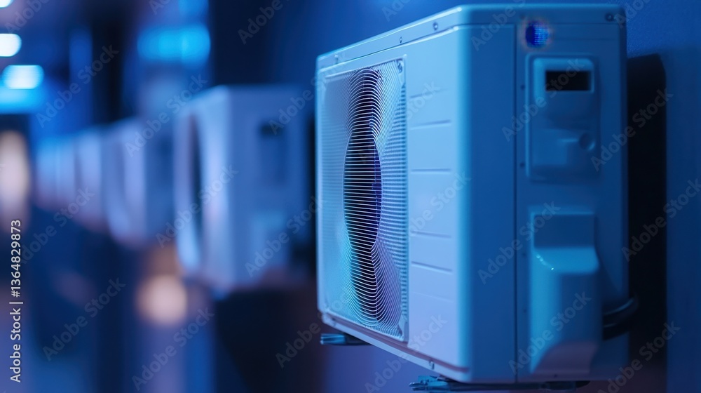 Fototapeta premium Modern air conditioning units on wall in industrial setting at night