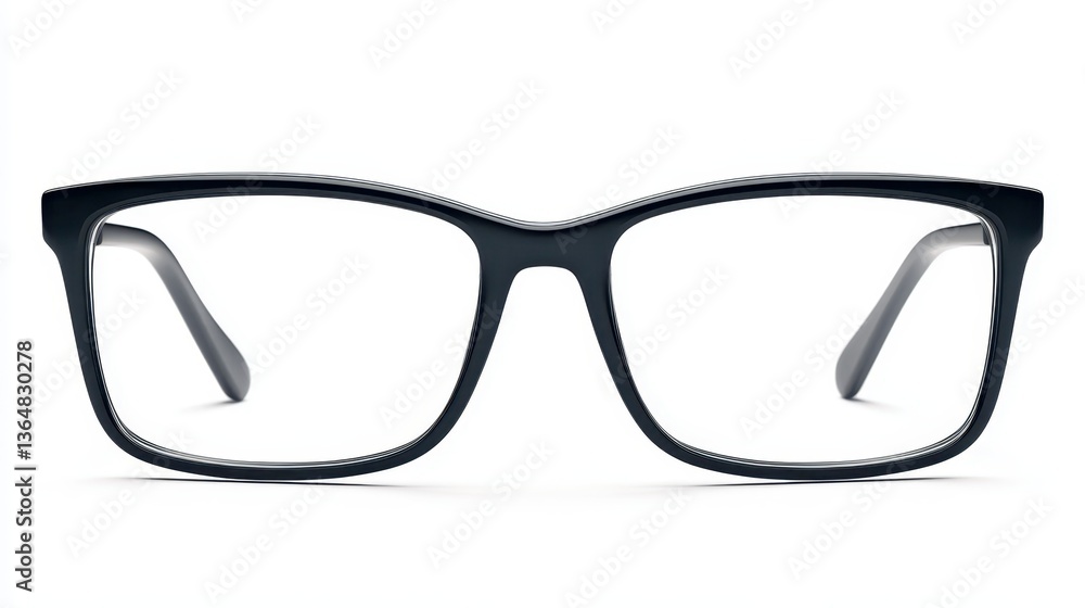 Fototapeta premium A pair of black eyeglasses rests on a clean, white background, highlighting their contemporary style and sharp edges, perfect for everyday wear and enhancing vision