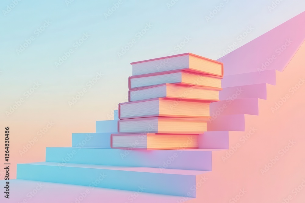 A stack of books on a staircase with a pink background. The books are arranged in a way that they look like they are about to fall off the stairs. The scene gives off a feeling of instability A stack of books on a staircase with a pink background. The books are arranged in a way that they look like they are about to fall off the stairs. The scene gives off a feeling of instability