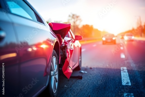 Car accident on a highway at sunset, showcasing a damaged vehicle with traffic in the background