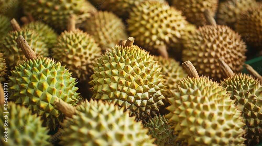 A background of durian fruit, each one covered in spiky thorns, creating an exotic and textured backdrop. A background of durian fruit, each one covered in spiky thorns, creating an exotic and textured backdrop.