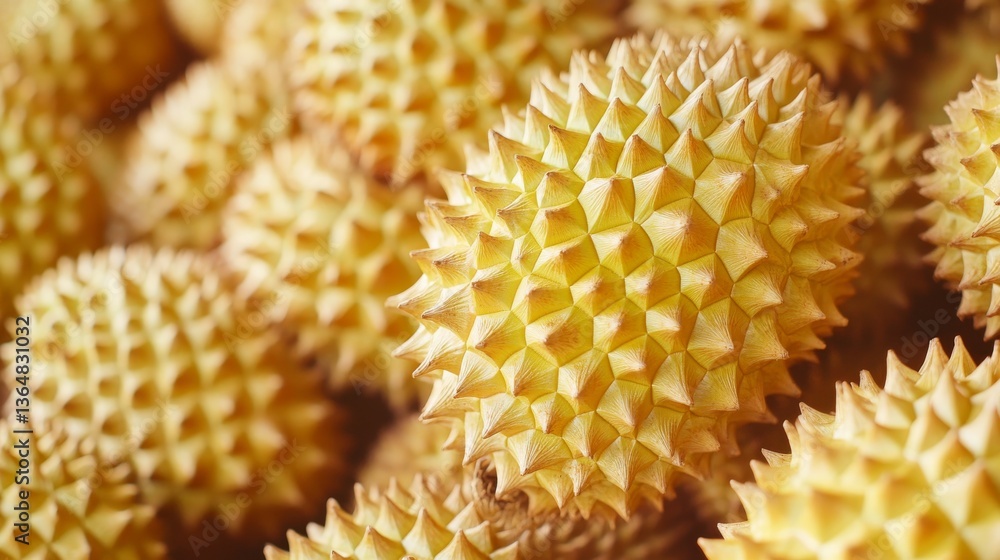 A background of durian fruit, each one covered in spiky thorns, creating an exotic and textured backdrop.