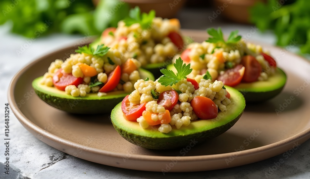 A halved avocado stuffed with a vibrant couscous salad, garnished with fresh herbs, displayed on a light background. A halved avocado stuffed with a vibrant couscous salad, garnished with fresh herbs, displayed on a light background.