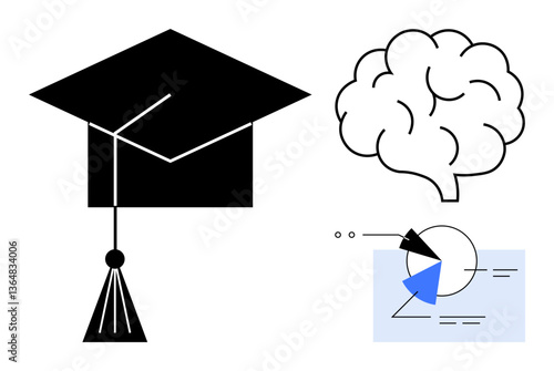 Graduation cap symbolizing academia, brain denoting cognition, and data chart for analysis. Ideal for education, science, research, learning, innovation, data representation intellectual growth