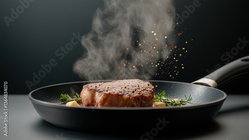 Juicy steak sizzling in a pan with aromatic herbs, creating a savory and appetizing scene.