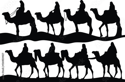 Silhouette of a Caravan: Camels and Nomads Traveling in Desert