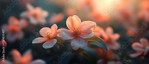 Delicate pink flowers blooming brightly in the warm morning sunlight