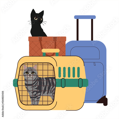 Illustration of cats traveling with luggage one in a pet carrier and one sitting on a travel bag next to a suitcase. Concept for pet-friendly travel, vacation with pets, or transportation safety