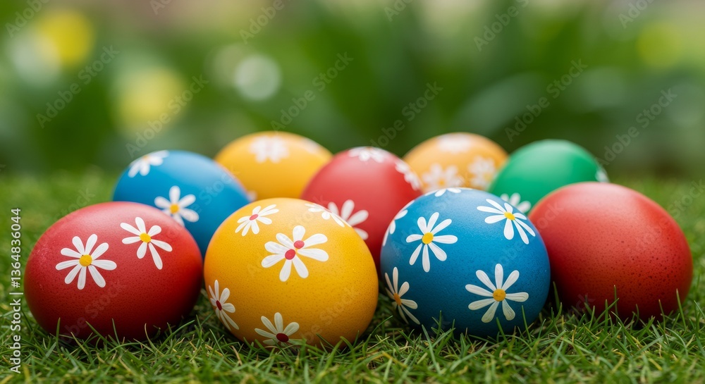 Colorful Easter Eggs with Daisy Design on Grass Spring Holiday Decoration Colorful Easter Eggs with Daisy Design on Grass Spring Holiday Decoration