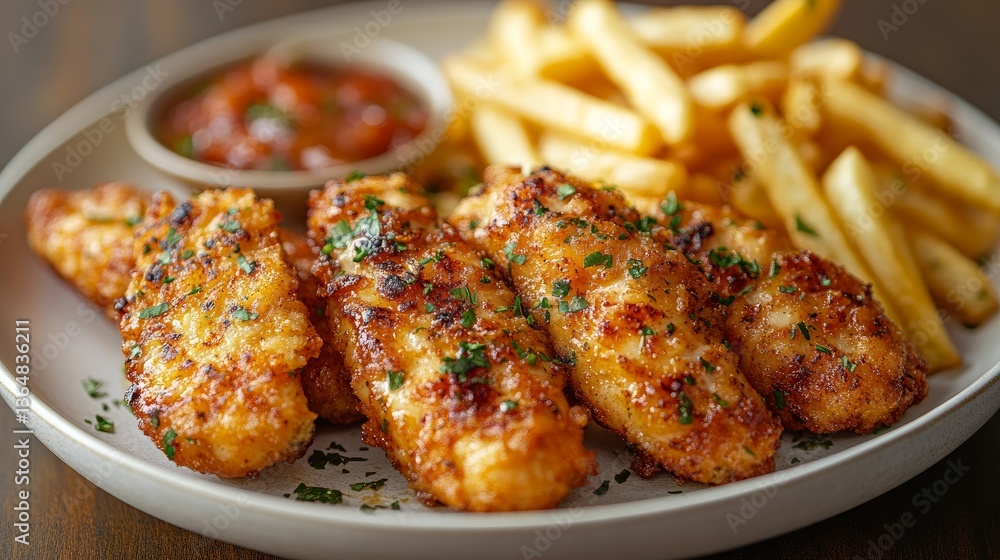 French fries and fried chicken strips served on a white platter, top wiev, food photography French fries and fried chicken strips served on a white platter, top wiev, food photography