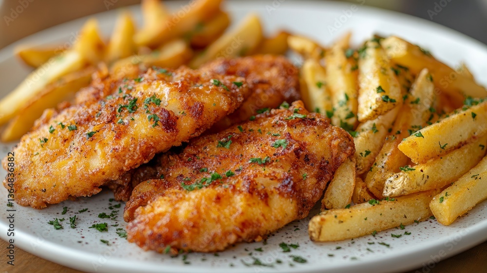 French fries and fried chicken strips served on a white platter, top wiev, food photography French fries and fried chicken strips served on a white platter, top wiev, food photography