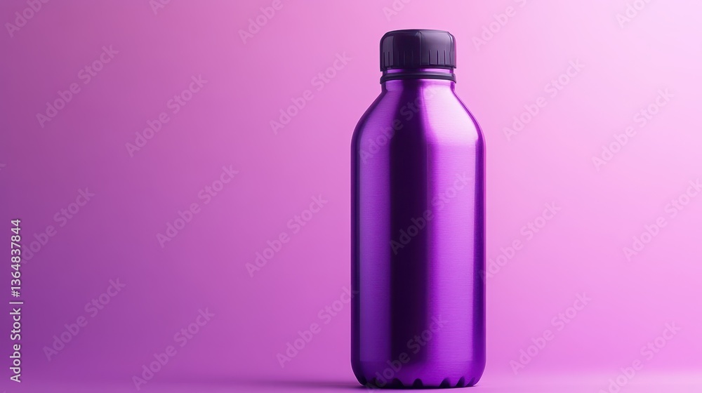 A sleek purple aluminum bottle stands upright against a striking pink background, showcasing its reflective surface and contemporary design elements perfect for eco-conscious consumers A sleek purple aluminum bottle stands upright against a striking pink background, showcasing its reflective surface and contemporary design elements perfect for eco-conscious consumers