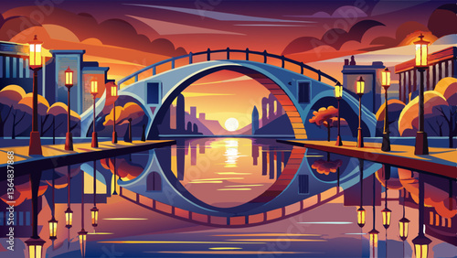 Symmetrical arches of a bridge cast perfect reflections on the still water below, illuminated by warm streetlights, showcasing the serene beauty of urban infrastructure in harmony with nature