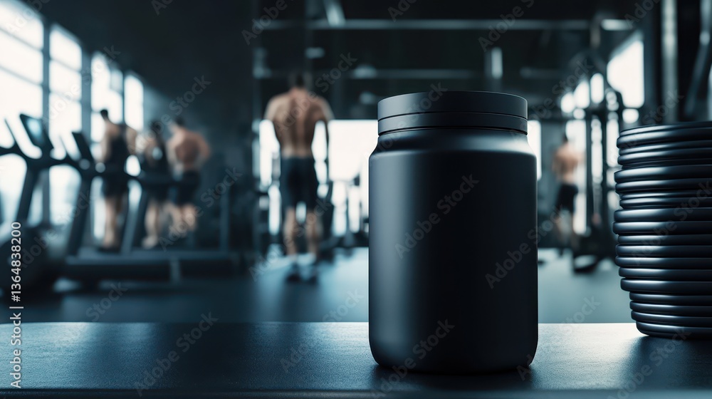 A modern fitness center features a black protein supplement container on the foreground table. In the background, several people are engaged in workout routines, enhancing the energetic atmosphere A modern fitness center features a black protein supplement container on the foreground table. In the background, several people are engaged in workout routines, enhancing the energetic atmosphere