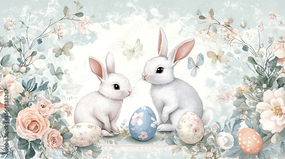 Fototapeta premium Easter bunnies with floral frame. (4)