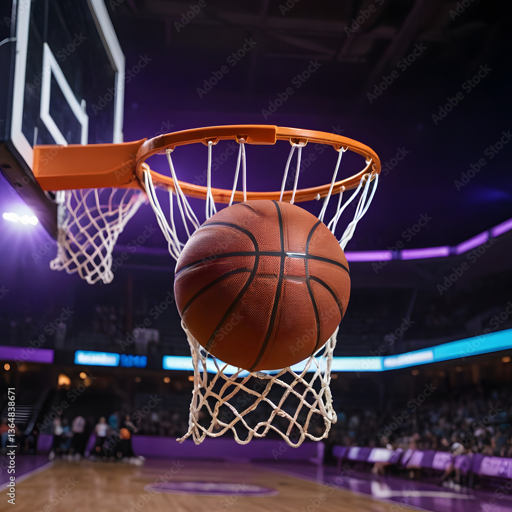 Basketball Swishing Through Net in a Professional Stadium Exciting Game Action Shot Basketball Swishing Through Net in a Professional Stadium Exciting Game Action Shot