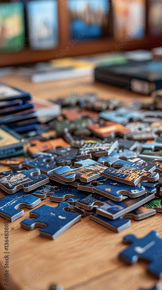Naklejka premium Colorful Puzzle Pieces Spread Out on a Wooden Table Surface