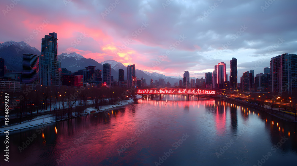 Fototapeta premium Pink and Red City Skyline at Sunset Over a River with Snowy Mountains