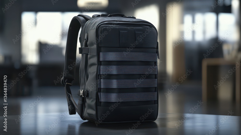 A black tactical backpack featuring multiple straps and compartments rests on a table in a well-lit indoor space. The sleek design highlights optimal functionality and style A black tactical backpack featuring multiple straps and compartments rests on a table in a well-lit indoor space. The sleek design highlights optimal functionality and style