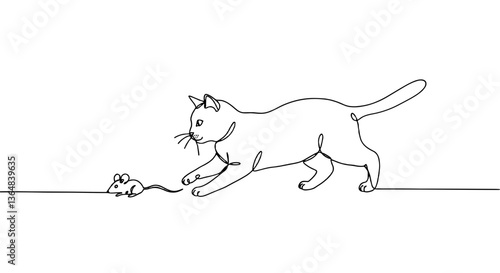 Cat Playfully Chasing Mouse in Minimalist Line Art Style  