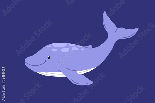 Baby whale underwater. Cute happy marine animal swimming in tropical sea. Smi...