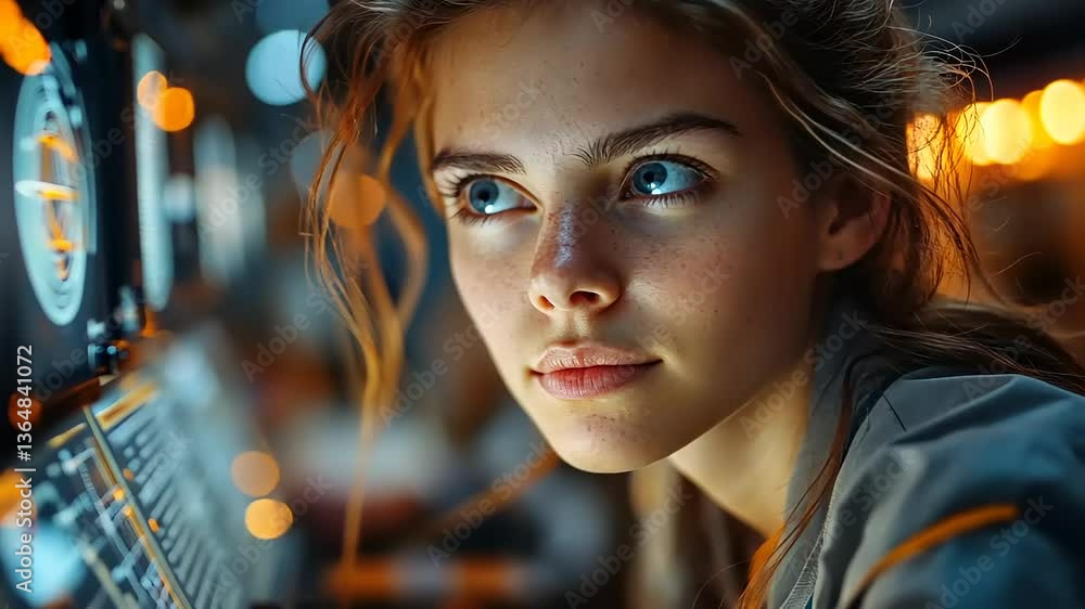 Young woman with striking blue eyes engaged with futuristic technology in a vibrant setting Young woman with striking blue eyes engaged with futuristic technology in a vibrant setting