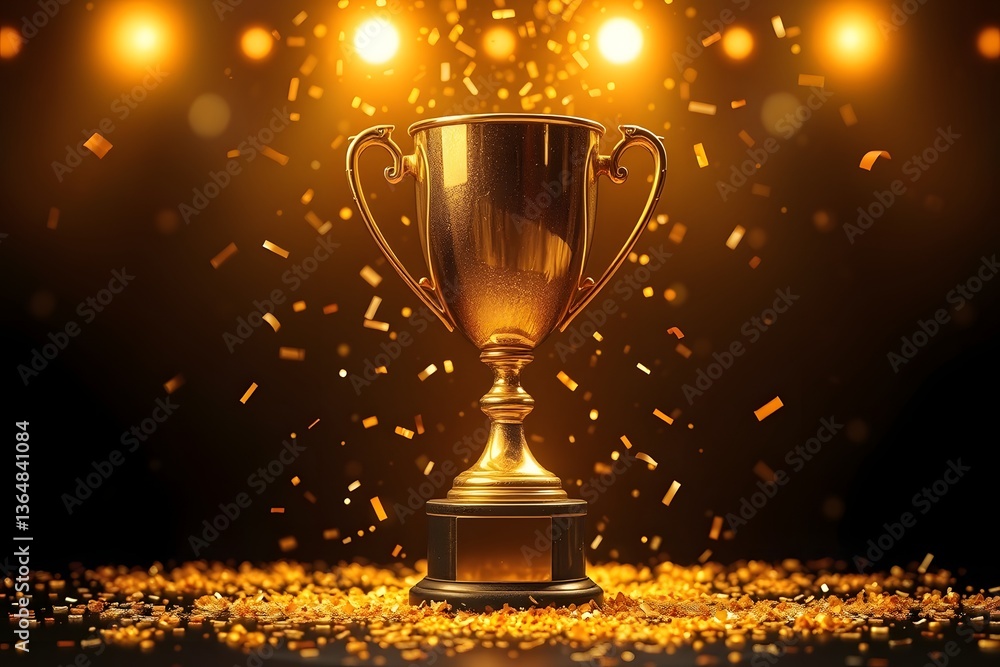 Golden trophy on a glittering surface with confetti falling under bright stage lights Golden trophy on a glittering surface with confetti falling under bright stage lights