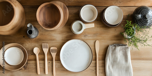 Thoughtfully arranged sustainable kitchenware on rustic wooden table