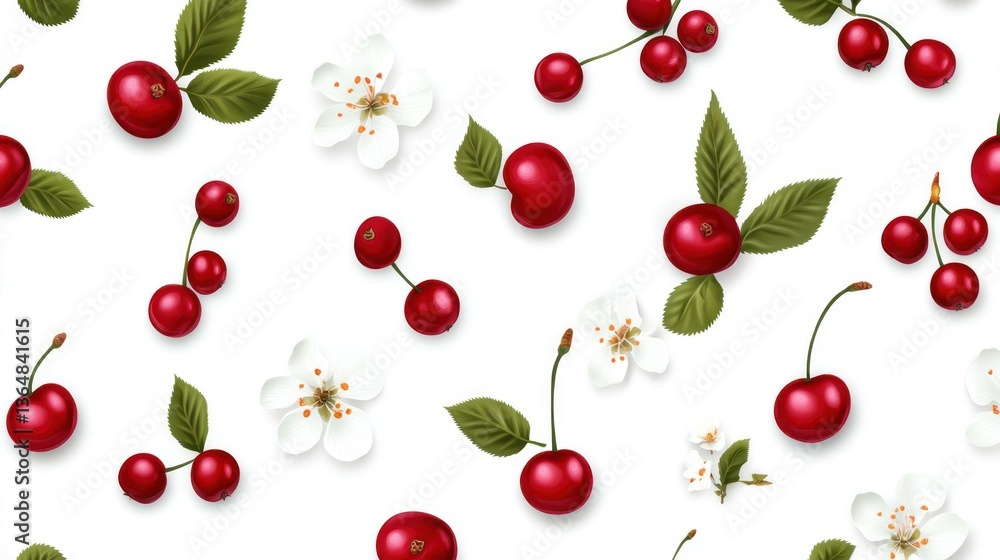 Summer Cherry Blossom Seamless Pattern: A Delightful Design of Ripe Cherries and Delicate White Blossoms Summer Cherry Blossom Seamless Pattern: A Delightful Design of Ripe Cherries and Delicate White Blossoms