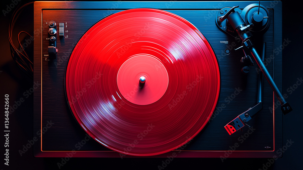 Vintage Schallplattenspieler mit rot beleuchteter Vinylplatte in atmosphärischer Nahaufnahme