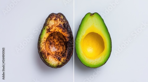 Two halves of an avocado display stark differences; one is vibrant green and ripe while the other is brown and overripe, highlighting the effects of time on fruit quality