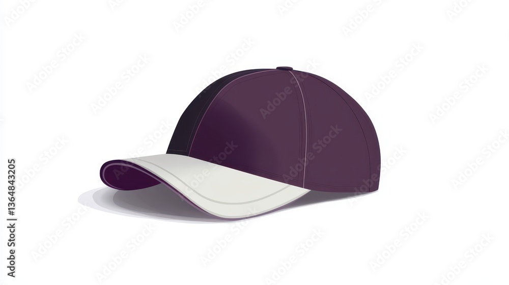 Fototapeta premium A fashionable purple baseball cap rests flat against a minimal background, highlighting its sleek design and contrasting white brim suitable for various casual outfits