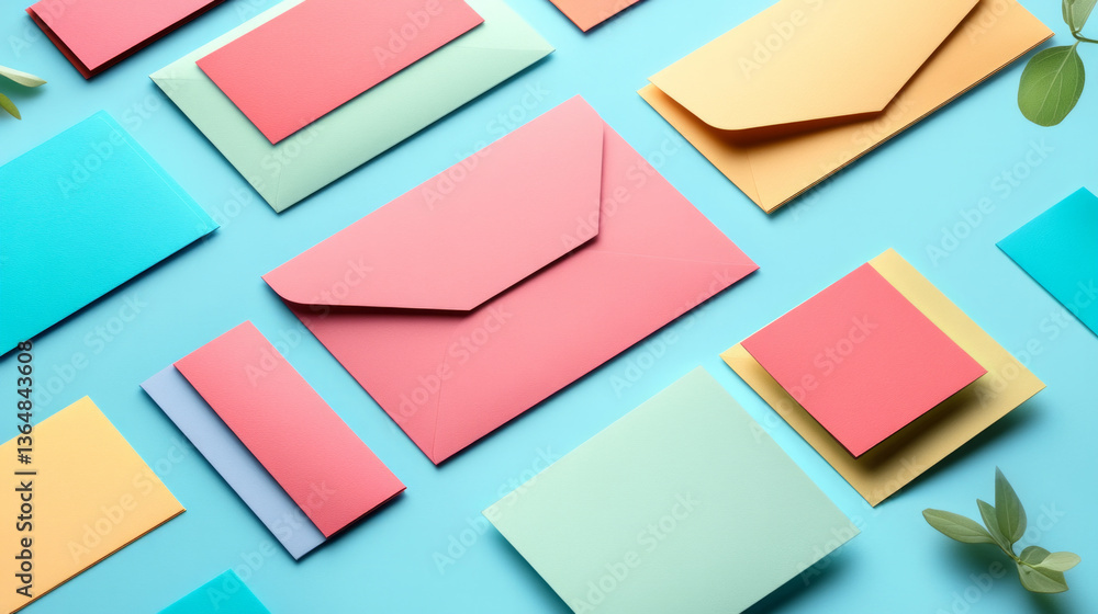 Vibrant business cards and envelopes are artistically arranged on a bright backdrop, showcasing a modern branding identity set with various color combinations and layouts. Vibrant business cards and envelopes are artistically arranged on a bright backdrop, showcasing a modern branding identity set with various color combinations and layouts.