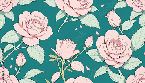 Elegant pink roses teal background seamless pattern design soft pastel hues floral illustration