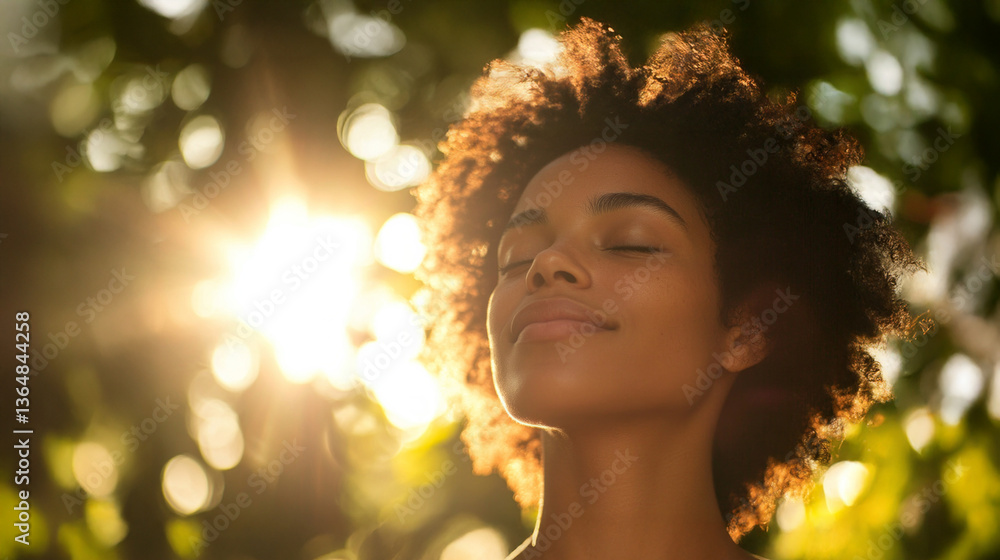 Fototapeta premium Warm natural sunlight bathes the client during a soothing reiki session, enhancing relaxation and promoting healing in a serene outdoor setting filled with vibrant foliage.