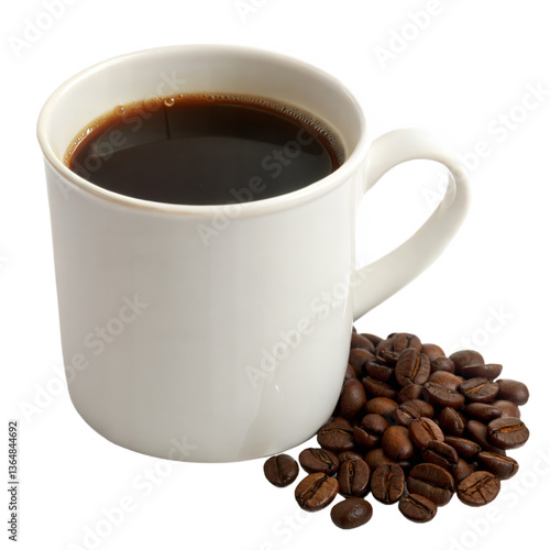 Steaming Black Coffee in White Mug with Coffee Beans on Transparent Background