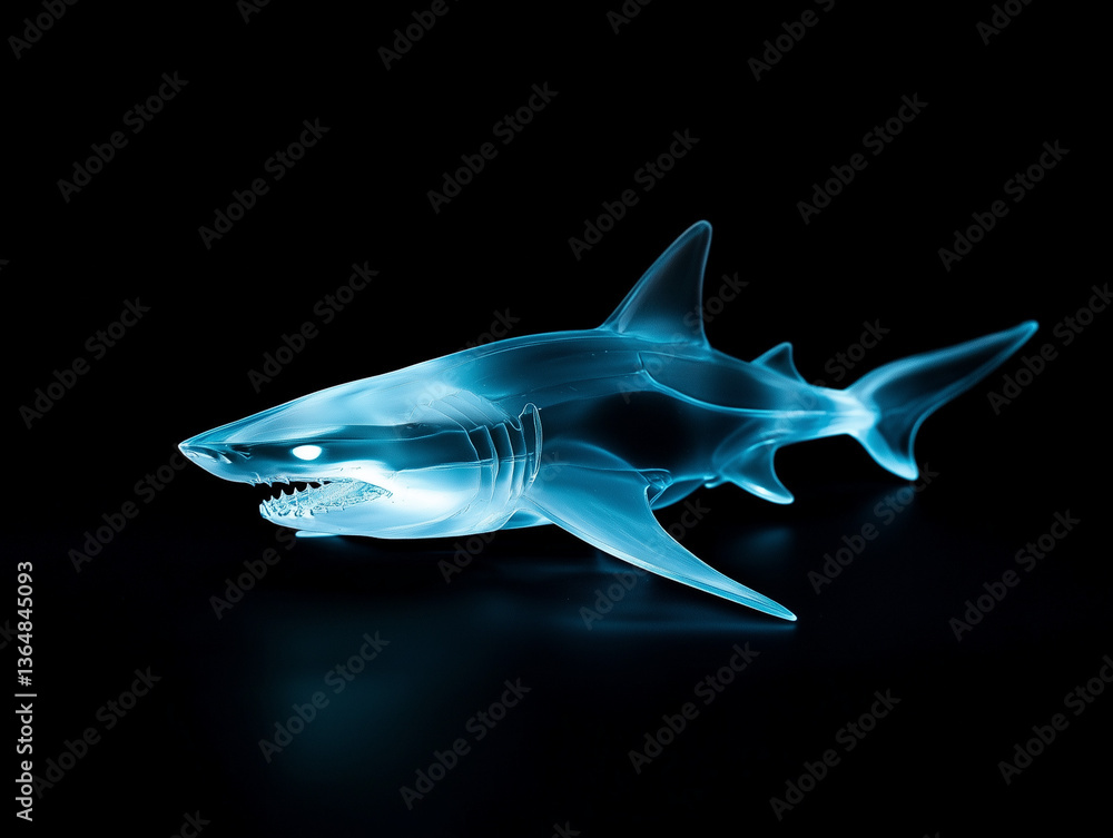 Glowing shark emerging from the darkness: a symbol of power and mystery
