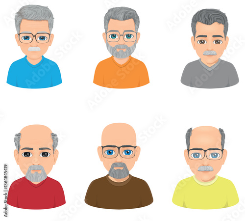 set of six different styles of old men portraits