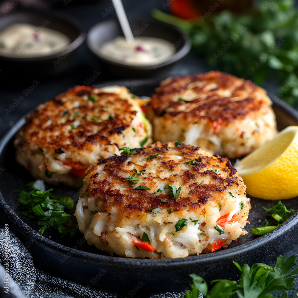 A golden crab cake with remoulade sauce and fresh slaw. A golden crab cake with remoulade sauce and fresh slaw.