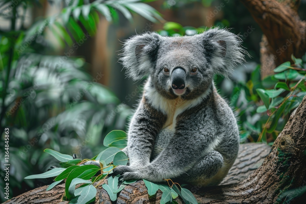 Fototapeta premium A fluffy koala sitting on a tree branch surrounded by greenery